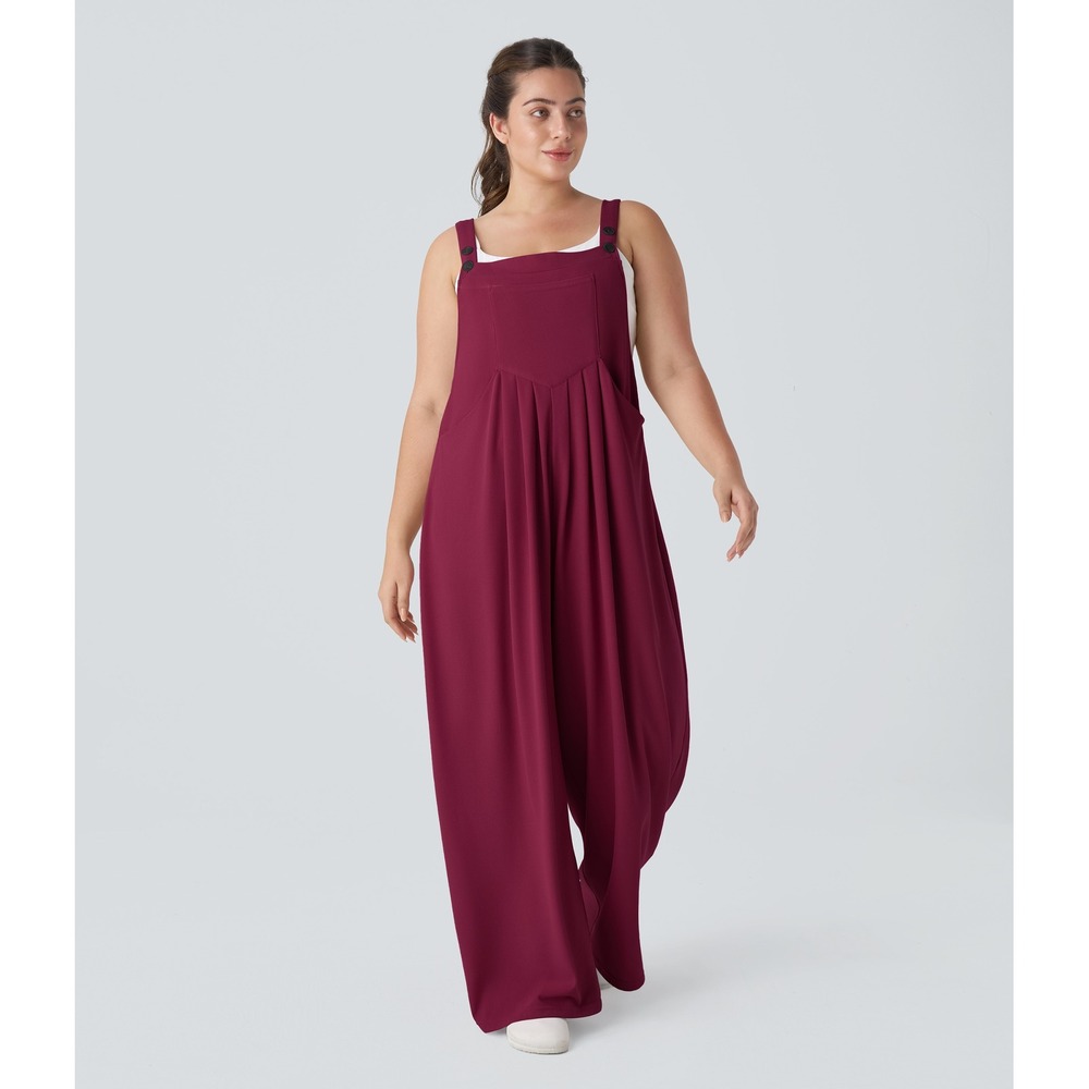 Halara Womens Waffle Wide Leg Overalls Jumpsuit Deep Berry Pink Pockets Large
